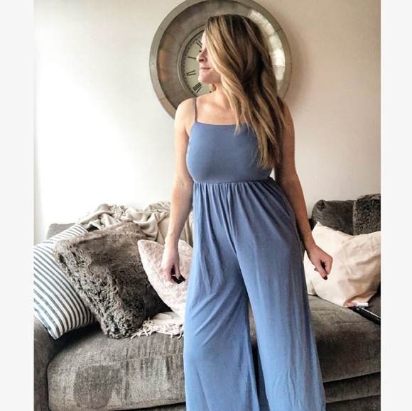 Blue Blush Pants - Blue Culotte Wide Leg Cropped Jumpsuit